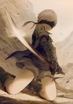  blindfold boots gloves kneeling male_focus nier_(series) nier_automata noeyebrow_(mauve) shorts solo sword weapon white_hair yorha_no._9_type_s 