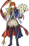  blue_eyes cape eliwood_(fire_emblem) fire_emblem fire_emblem:_rekka_no_ken fire_emblem_heroes flower full_body highres itou_misei looking_at_viewer male_focus official_art polearm red_hair smile spear transparent_background weapon 