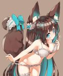  absurdres animal_ears aqua_eyes bad_id bad_pixiv_id blush bra bra_pull breasts brown_hair cleavage fox_ears fox_tail frilled_bra frilled_panties frills grey_bra grey_panties hair_ribbon highres leg_garter long_hair looking_at_viewer medium_breasts navel original panties panty_pull relila ribbon simple_background solo tail tail_ribbon underwear underwear_only 