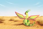  desert flygon green_tail looking_at_viewer looking_back nintendo outside pink_eyes pok&eacute;mon pok&eacute;mon_(species) snuddi striped_tail stripes two_tone_tail video_games wings yellow_skin yellow_tail 