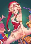  1girl ambitious_elf_jinx blonde_hair bow breasts choke christmas gift jinx_(league_of_legends) league_of_legends long_hair nipples pointy_ears pussy santa_hat 