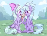  2018 blue_hair cloud_chaser_(mlp) dessert dsp2003 equine female flitter_(mlp) food friendship_is_magic hair ice_cream licking mammal my_little_pony pegasus purple_eyes sibling sisters sitting tongue tongue_out twins wings 