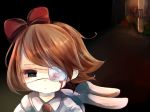  1girl animal_ears bag bleeding blood blood_on_face bunny_ears eyepatch ghost good_night_sleeping hair_between_eyes hair_ribbon highres lamppost night protagonist_(yomawari) red_ribbon ribbon school_uniform shirt short_hair spoilers white_shirt yomawari yomawari:_night_alone 