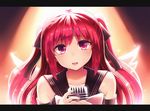  commentary detached_sleeves highres holding holding_microphone kurumi_(zettai_tenshi_kurumi-chan) looking_at_viewer microphone neit_ni_sei open_mouth pink_eyes red_hair sailor_collar smile solo spotlight twintails upper_body virtual_youtuber zettai_tenshi_kurumi-chan 
