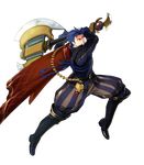  armads axe blue_eyes blue_hair cape fire_emblem fire_emblem:_rekka_no_ken fire_emblem_heroes full_body hector_(fire_emblem) highres male_focus official_art open_mouth solo suekane_kumiko transparent_background weapon 