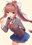  :d ahoge arm_behind_back bad_id bad_pixiv_id bangs blazer blue_skirt blush bow breasts brown_hair brown_jacket collared_shirt cowboy_shot doki_doki_literature_club eyebrows_visible_through_hair hair_bow hair_intakes highres index_finger_raised jacket leaning_forward long_hair long_sleeves looking_at_viewer medium_breasts miniskirt mizuki_eiru_(akagi_kurage) monika_(doki_doki_literature_club) neck_ribbon open_mouth pleated_skirt ponytail red_neckwear red_ribbon ribbon shirt sidelocks simple_background skirt smile solo standing tareme white_bow white_shirt wing_collar yellow_background 