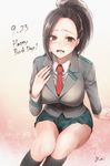 arm_support black_hair black_legwear blazer blush boku_no_hero_academia breasts collared_shirt dated eyes_visible_through_hair gradient gradient_background green_eyes grey_background grey_jacket hand_on_own_chest happy_birthday highres jacket kneehighs large_breasts legs_together long_hair long_sleeves looking_at_viewer necktie open_mouth pleated_skirt ponytail red_neckwear sakiryo_kanna school_uniform shirt signature simple_background sitting skirt solo tearing_up teeth u.a._school_uniform white_shirt yaoyorozu_momo 
