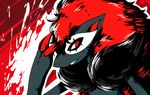  ambiguous_gender black_fur claws fur hair long_hair nintendo persona_5 pok&eacute;mon pok&eacute;mon_(species) red_background red_eyes red_hair simple_background smile snuddi solo teeth video_games zoroark 