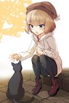  :d animal ankle_boots beanie black_cat black_legwear blonde_hair blue_eyes blush bobblehat boots brown_hat cat drawstring fang full_body girls_und_panzer hat highres hooded_coat ikomochi katyusha knees_up long_sleeves open_mouth outdoors pantyhose purple_footwear short_hair sitting smile solo stairs stone_floor tree tsurime white_background white_coat 