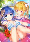  2girls bangs bare_shoulders blonde_hair blue_eyes blue_hair blunt_bangs blush bow breasts brown_eyes cleavage commentary_request hair_bow hair_ornament hairclip innertube large_breasts long_hair looking_at_viewer moe2018 multiple_girls original shirt striped striped_shirt swimsuit water 