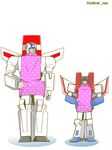  80s autobot blue_eyes closed_mouth commentary_request decepticon full_body jetfire multiple_boys no_humans oldschool red_eyes simple_background smile standing starscream tolliver transformers white_background wings 