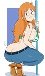  1girl ass bare_arms bare_shoulder belt bikini_top breasts brown_eyes butt_crack feet jeans jinu large_breasts long_hair nami_(one_piece) one_piece orange_hair solo staff tagme thick_thighs thighs 