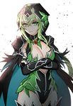  black_cape black_gloves black_leotard braid breasts bright_pupils cape cleavage cowboy_shot crossed_arms elsword expressionless gloves green_eyes green_hair hamericano highres hood large_breasts leotard long_hair looking_at_viewer rena_(elsword) simple_background solo thighhighs twilight_(elsword) white_background 