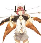  bracelet circe_(fate/grand_order) collarbone english fate/grand_order fate_(series) green_eyes head_wings hyakuhachi_(over3) jewelry looking_at_viewer navel necklace pink_hair pointy_ears robe solo staff thigh_strap white_background wings 