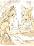  animal_ears book braid breasts cat_ears commentary_request erune granblue_fantasy hair_tubes heles hoshikuzushi korwa lantern large_breasts long_hair multiple_girls notebook paper quill sepia single_braid sitting table working writing 