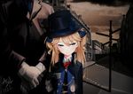  1girl absurdres asil bad_id bad_pixiv_id bangs belt belt_buckle black_gloves black_hat blonde_hair blue_bow blue_eyes blue_neckwear blush bow bowtie buckle building buttons chain chinese_commentary cityscape closed_mouth cloud cloudy_sky collared_shirt commentary_request cross cup dated formal girls_frontline gloves hair_between_eyes hair_bow hands_together hat hat_bow head_tilt high_collar highres holding holding_cup intersection long_hair long_sleeves looking_away necktie pocket_watch red_bow road road_sign shirt sidelocks sign signature sky sleeve_cuffs street suit suit_jacket super_shorty_(girls_frontline) teacup top_hat tsurime two_side_up watch white_gloves white_shirt 