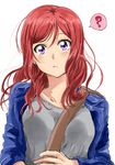  :&lt; ? alternate_costume alternate_hairstyle bangs between_breasts blue_jacket blush breasts casual closed_mouth earrings grey_shirt jacket jewelry long_hair long_sleeves looking_at_viewer love_live! love_live!_school_idol_project medium_breasts nishikino_maki older open_clothes open_jacket purple_eyes red_hair sanpaku shirt shogo_(4274732) simple_background sketch solo speech_bubble spoken_question_mark strap_cleavage stud_earrings tareme upper_body white_background 