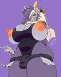  2018 anthro bat big_breasts big_ears big_nipples breasts bulge chest_tuft cleavage clothed clothing countershading dickgirl ear_piercing exposed_breasts female front_view fur furgonomics furry-specific_piercing hair hair_over_eye hard_love huge_breasts intersex looking_at_viewer low-angle_view mammal mane mcarson membranous_wings multicolored_fur nipples piercing purple_fur purple_hair signature simple_background skimpy slightly_chubby small_wings smile solo swimsuit tail_piercing teeth thick_thighs thong tight_clothing tuft two_tone_fur voluptuous white_hair wide_hips wings 