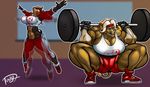  anthro breasts canine clenched_teeth crouching donkey duo equine exercise female greatwuff gym hair mammal muscular muscular_female teeth weightlifting workout 