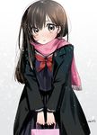  bag black_hair brown_eyes coat commentary_request enpera highres holding long_hair looking_at_viewer mo253 original parted_lips pleated_skirt scarf school_bag school_uniform serafuku signature simple_background skirt solo v_arms winter_clothes winter_coat 
