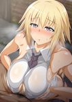  bare_shoulders between_breasts blonde_hair blush braid breasts censored cleavage_cutout fate/apocrypha fate_(series) jeanne_d'arc_(fate) jeanne_d'arc_(fate)_(all) large_breasts long_hair male_pubic_hair mosaic_censoring motion_blur necktie necktie_between_breasts open_mouth paizuri penis pubic_hair purple_eyes purple_neckwear saintshiro short_shorts shorts sideboob single_braid sleeveless solo_focus sweat 