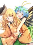  2girls :d :o antennae bare_arms behind_another bending_forward blonde_hair blue_hair blush butterfly_wings chinese_commentary commentary_request constellation_print cowboy_shot eternity_larva eyes_closed green_skirt hat_loss highres imminent_hug leaf leaf_on_head long_hair long_sleeves looking_at_another looking_back matara_okina multiple_girls open_mouth orange_eyes outstretched_arms pleated_skirt short_hair simple_background skirt sleeves_past_fingers sleeves_past_wrists smile tabard touhou white_background wide_sleeves wings yu_cha 