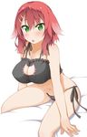  1girl :o bed black_bra black_panties black_underwear blush bra breasts cleavage_cutout female green_eyes hinata_shinsaki large_breasts looking_at_viewer navel original panties red_hair side-tie_panties simple_background sitting solo underwear underwear_only white_background 