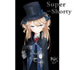  absurdres asil bad_id bad_pixiv_id bangs belt belt_buckle black_gloves black_hat blonde_hair blue_bow blue_eyes blush bow bowtie buckle buttons chain character_name closed_mouth cloud collared_shirt cross cup dated formal girls_frontline gloves hair_between_eyes hair_bow hands_together hat hat_bow head_tilt high_collar highres holding holding_cup long_hair long_sleeves looking_away pocket_watch red_bow road shirt sidelocks sign signature simple_background sleeve_cuffs solo street super_shorty_(girls_frontline) teacup top_hat tsurime two_side_up watch white_gloves white_shirt 