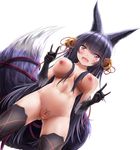  animal_ears ashfair ass_visible_through_thighs bangs bell black_hair black_legwear blush breasts censored cowboy_shot dutch_angle eyebrows_visible_through_hair fang granblue_fantasy hair_bell hair_ornament kemonomimi_mode long_hair looking_at_viewer navel nipples nude open_mouth purple_eyes pussy ribbon standing tail tail_ribbon thighhighs w_arms white_background yuel_(granblue_fantasy) 