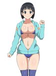  arm_at_side ass_visible_through_thighs bangs bikini bikini_under_clothes black_hair blue_bikini blue_eyes blue_jacket blue_legwear blunt_bangs blush breasts cleavage collarbone groin hair_ornament hairclip hand_up highres jacket kagemusha kirigaya_suguha large_breasts long_sleeves looking_at_viewer navel open_clothes open_jacket shiny shiny_skin short_hair simple_background skindentation solo stomach string_bikini swimsuit sword_art_online tareme thighhighs thighs track_jacket underboob white_background 