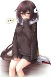  adjusting_scarf azur_lane bangs black_hair black_jacket black_skirt black_sweater blush breasts embarrassed enpera eyebrows_visible_through_hair feet_out_of_frame hair_between_eyes hand_on_lap highres jacket jacket_on_shoulders long_hair long_sleeves looking_at_viewer medium_breasts mikasa_(azur_lane) miniskirt nail_polish open_clothes open_jacket pleated_skirt scarf sidelocks simple_background sitting skirt sleeves_past_wrists solo sweater thought_bubble translated white_background white_scarf yellow_eyes yellow_nails yoye_(pastel_white) 