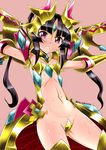  armor arms_up bangs black_hair blunt_bangs blush breasts commentary_request cosplay cowboy_shot crotch_plate elbow_gloves fine_(symphogear) fine_(symphogear)_(cosplay) gloves headgear highres hinoki_(neko_irazu) looking_at_viewer navel nefushutan_no_yoroi parted_lips pauldrons pink_background purple_eyes revealing_clothes senki_zesshou_symphogear senki_zesshou_symphogear_xd_unlimited shiny shiny_clothes shiny_hair shiny_skin simple_background small_breasts smile solo standing sweat teeth tsukuyomi_shirabe twintails twitter_username 