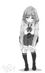  artist_name bangs blush bow bowtie breasts breasts_outside collared_shirt commentary_request dated eyebrows_visible_through_hair full_body greyscale hanging_breasts kneehighs leaning_forward legs_apart long_sleeves looking_at_viewer loose_bowtie medium_breasts monochrome nipples no_shoes open_clothes open_mouth open_shirt original panties panty_pull pleated_skirt pulled_by_self school_uniform shadow shirt simple_background skirt solo standing tabata_hisayuki underwear undressing white_background 
