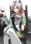  akitsushima_(kantai_collection) alcohol armor blush breasts closed_mouth commentary_request cup drinking_glass eyebrows_visible_through_hair grey_hair hair_ornament highres jacket kantai_collection long_hair looking_at_viewer medium_breasts miniskirt ponytail purple_eyes red_wine simple_background skirt solo tama_(seiga46239239) thighhighs throne turret whine white_background wine_glass 