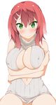  1girl bare_shoulders blush bottomless breast_hold breasts cleavage curvy erect_nipples female green_eyes hairclip hinata_shinsaki large_breasts looking_at_viewer navel original red_hair simple_background sitting solo sweater turtleneck virgin_killer_sweater white_background 