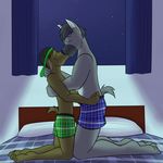  anthro bed bedroom boxers_(clothing) canine clothing duo fuze green_underwear kissing luis_(fuze) male male/male mammal night star underwear warren_(fuze) 