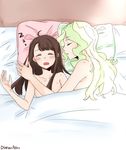  after_sex bed bed_sheet blanket blonde_hair blush brown_hair closed_eyes commentary_request diana_cavendish hickey kagari_atsuko little_witch_academia multiple_girls nude open_mouth pillow raisun sleeping yuri zzz 