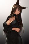  animal_ears anubis_(houtengeki) bangs black_dress breasts brown_hair cleavage commentary_request crossed_arms dark_skin dress egyptian_mythology gradient gradient_background highres houtengeki jewelry large_breasts long_hair long_sleeves looking_at_viewer open_mouth original red_eyes simple_background solo upper_body 