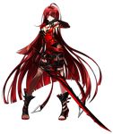  ahoge artist_request asymmetrical_clothes bangs black_footwear black_gloves bloody_queen_(elsword) blunt_bangs boots brown_legwear chest_tattoo closed_mouth elesis_(elsword) elsword full_body gloves holding holding_sword holding_weapon long_hair looking_at_viewer official_art orange_eyes pantyhose red_hair shaded_face skin_tight smile solo standing sword tattoo toeless_legwear torn_clothes torn_legwear transparent_background weapon 