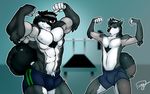  anthro canine clothed clothing duo flexing greatwuff looking_at_viewer male mammal muscular muscular_male smile standing topless 