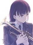  bangs blu-ray_cover blunt_bangs brown_hair commentary_request copyright_name cover eyebrows_visible_through_hair himura_kiseki instrument just_because! mole mole_under_eye morikawa_hazuki school_uniform simple_background trumpet white_background 