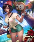  artist_name bag bare_legs beach beak beanie between_breasts bird black_hair blue_eyes blue_sky breasts bright_pupils cloud collarbone day dutch_angle eyelashes floral_print flower gen_7_pokemon green_shorts hat hibiscus highres holding holding_poke_ball horizon leg_up lips logan_cure medium_breasts mizuki_(pokemon) ocean owl palm_tree parted_lips patreon_logo poke_ball poke_ball_(generic) pokemon pokemon_(creature) pokemon_(game) pokemon_sm print_shirt red_flower red_hat ribbon rowlet sand shirt shore short_hair short_shorts short_sleeves shorts shoulder_bag sky standing standing_on_one_leg strap_cleavage teeth thighs tied_shirt tree water watermark web_address yellow_ribbon yellow_shirt 