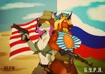  2018 ak-47 anthro assault_rifle beret beretta_m9 blonde_hair breasts canine clothing digital_media_(artwork) equine eyewear female glasses gun hair hammer_and_sickle handgun hat hi_res horn horse kizi0n looking_at_viewer mammal muscular muscular_female pistol ranged_weapon red_star rifle russian russian_flag smile soviet_union stars_and_stripes united_states_of_america weapon wolf 