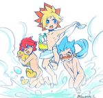  3boys ape_escape duck hikaru_(saru_getchu) hiroki_(saru_getchu) jake jimmy_(character) kakeru_(saru_getchu) multiple_boys nude saru_getchu spike towel water 