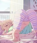  ass bed blonde_hair blush breasts cameltoe food futaba_anzu highres idolmaster idolmaster_cinderella_girls looking_back navel non-web_source popsicle purple_eyes small_breasts solo source_request tam-u top-down_bottom-up 