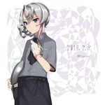  adjusting_neckwear asymmetrical_hair bangs black_neckwear black_skirt blush buttons character_name collared_shirt dated eyebrows_visible_through_hair flipped_hair gloves hair_between_eyes holding holding_tray jouhou kantai_collection long_hair looking_away name_tag neckerchief notepad nowaki_(kantai_collection) pen shirt sidelocks silver_eyes silver_hair skirt smile solo striped striped_shirt swept_bangs tray twitter_username white_gloves 