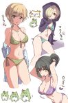  3girls absurdres aiba_yumi arm_support arm_up bangs bikini black_hair black_jacket blue_bikini blush bow breasts brown_eyes bunching_hair cleavage closed_mouth collarbone commentary_request cropped_legs drawstring eggplant eyebrows_visible_through_hair fingernails ghost green_bikini hair_between_eyes hair_over_one_eye hair_tie hair_tie_in_mouth head_tilt highres hood hood_up hooded_jacket idolmaster idolmaster_cinderella_girls jacket large_breasts light_brown_hair long_sleeves medium_breasts mouth_hold multiple_girls o-ring o-ring_bikini o-ring_bottom o-ring_top open_clothes open_jacket parted_lips pina_korata pizzasi purple_bikini red_bow seashell shell shirasaka_koume side-tie_bikini sidelocks sleeves_past_wrists small_breasts swimsuit takafuji_kako translation_request tying_hair wet wet_hair white_background 