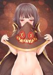  apoidea artist_name bangs black_hair blush brown_cape buttons cape commentary_request covering_mouth embarrassed groin hat hat_removed headwear_removed holding holding_hat kono_subarashii_sekai_ni_shukufuku_wo! looking_at_viewer medium_hair megumin naked_cape navel out-of-frame_censoring red_eyes solo standing witch_hat 