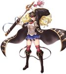  absurdres blonde_hair boots breasts commentary_request granblue_fantasy hat highres large_breasts long_hair monica_weisswind open_mouth peaked_cap red_legwear sakaokasan school_uniform simple_background skirt solo sword thighhighs weapon 