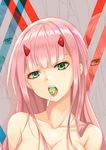  absurdres bangs breasts candy collarbone darling_in_the_franxx eyeshadow face food green_eyes head_tilt highres horns lollipop long_hair looking_at_viewer makeup medium_breasts open_mouth pink_hair saliva solo tongue tongue_out upper_body very_long_hair yuzuyu_(hyui) zero_two_(darling_in_the_franxx) 